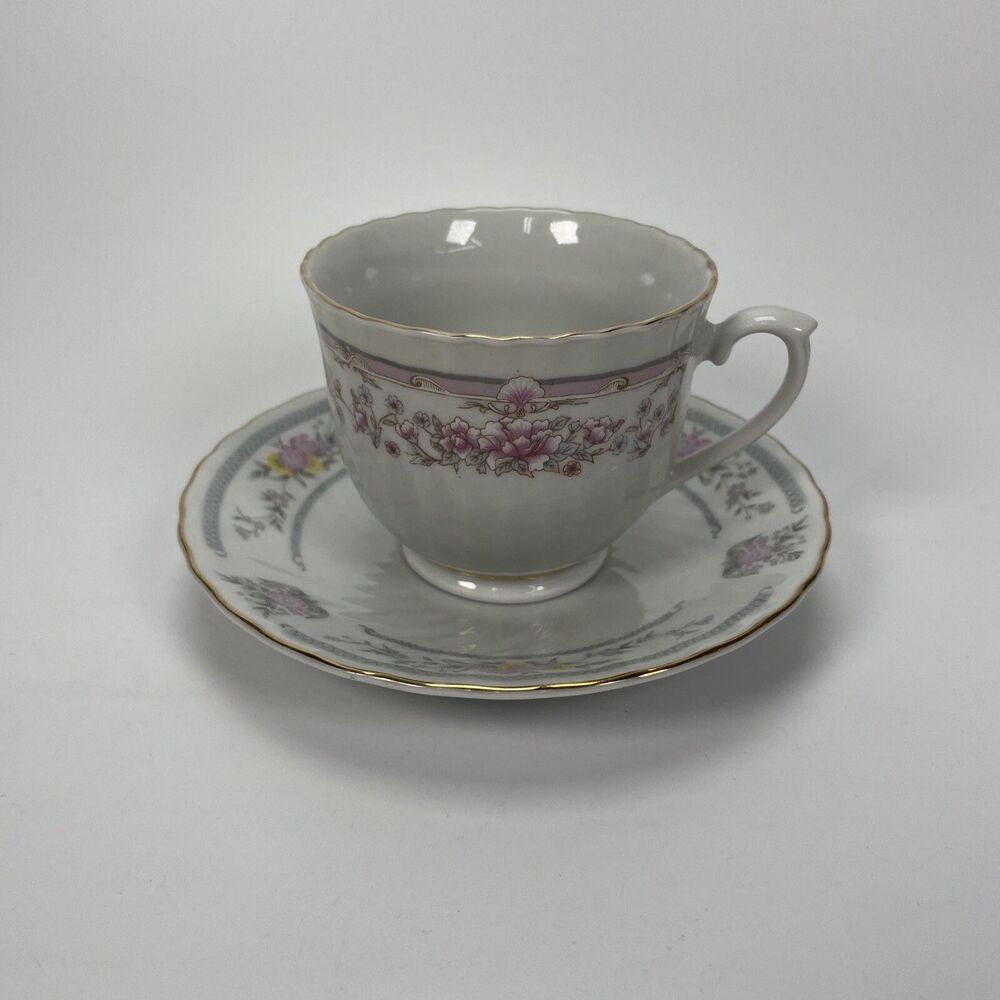 Vintage Tea Cup and Saucer Made in China Pink Yellow Flowers Gray Accents White